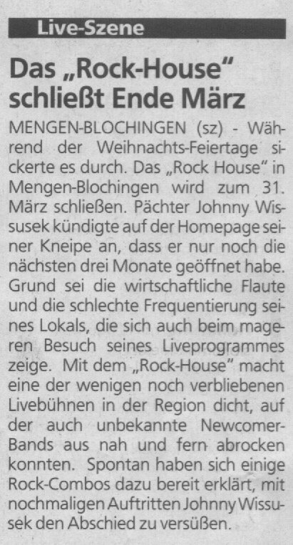 Das  Rockhouse schlie&szlig;t